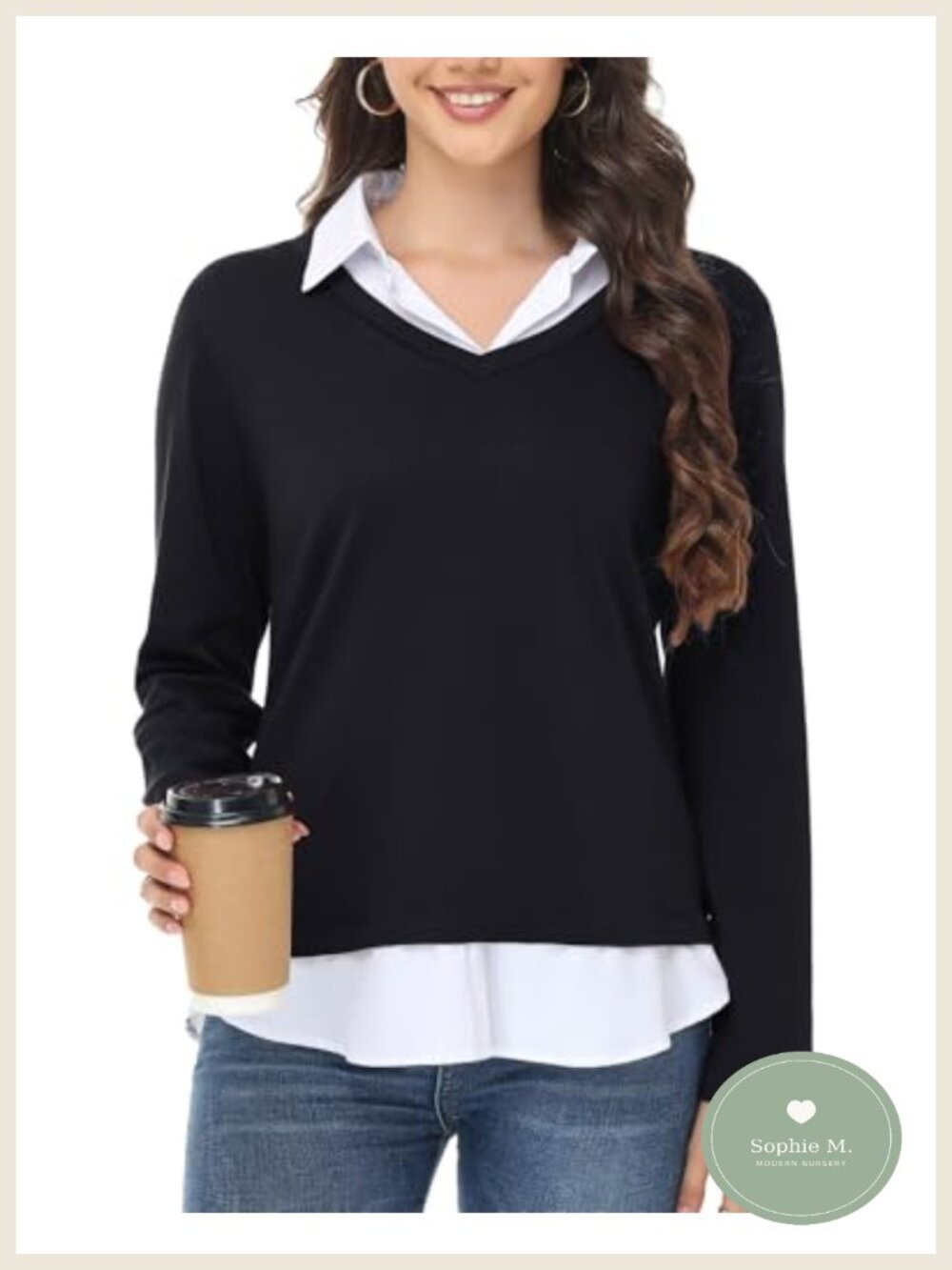 Women's 2-in-1 Lightweight V-Neck Long Sleeve Sweater Shirt for Office Casual